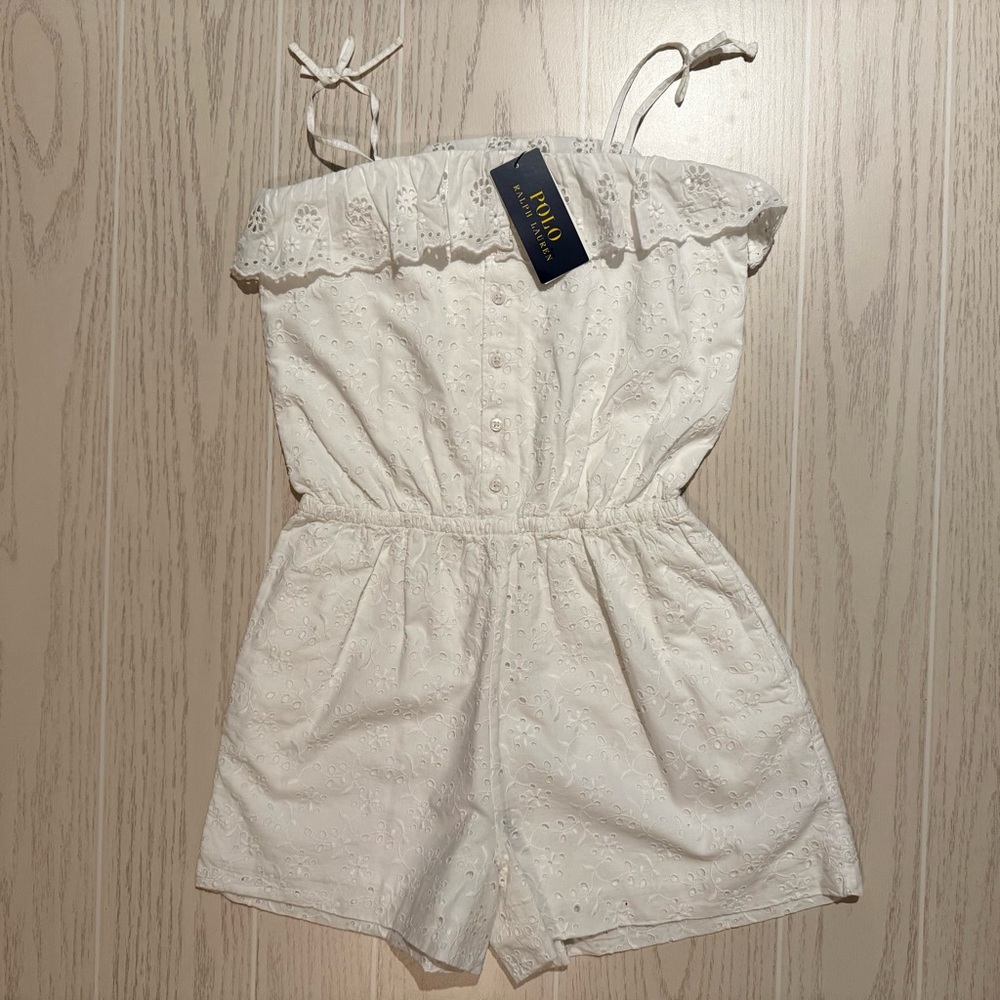 Polo Ralph Lauren Girls White Eyelet Romper Size 12 NWT‎